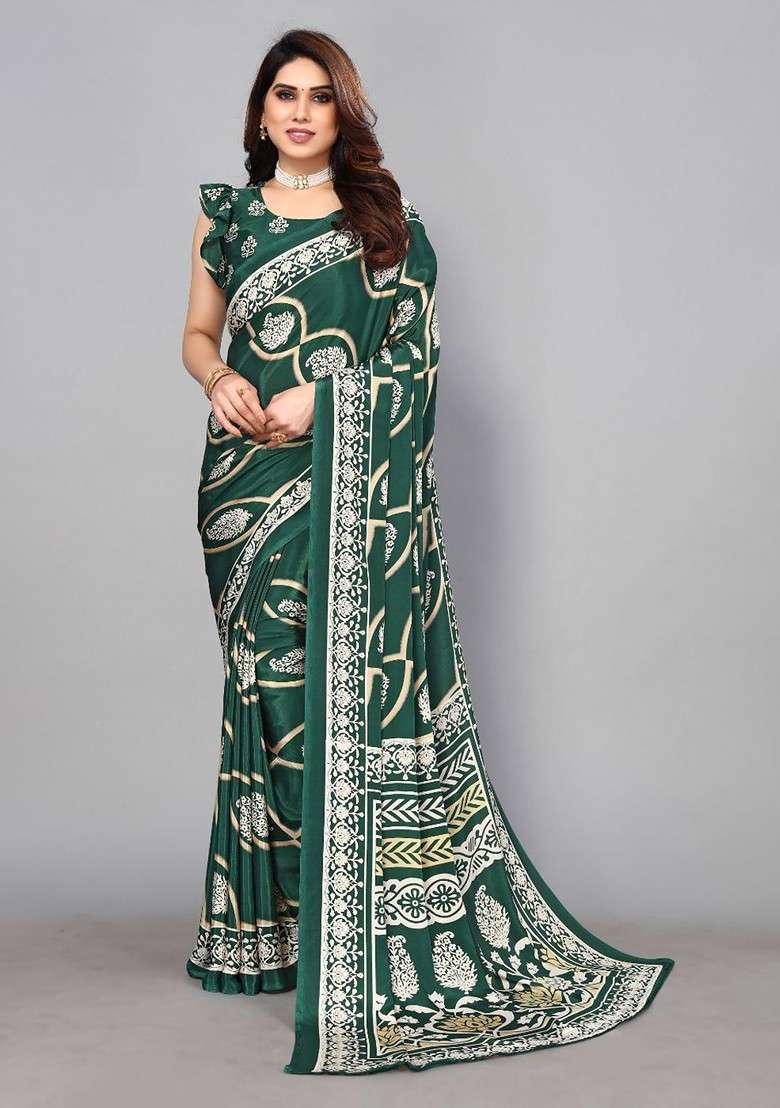 Green Floral Pure Crepe Saree Set - Indya