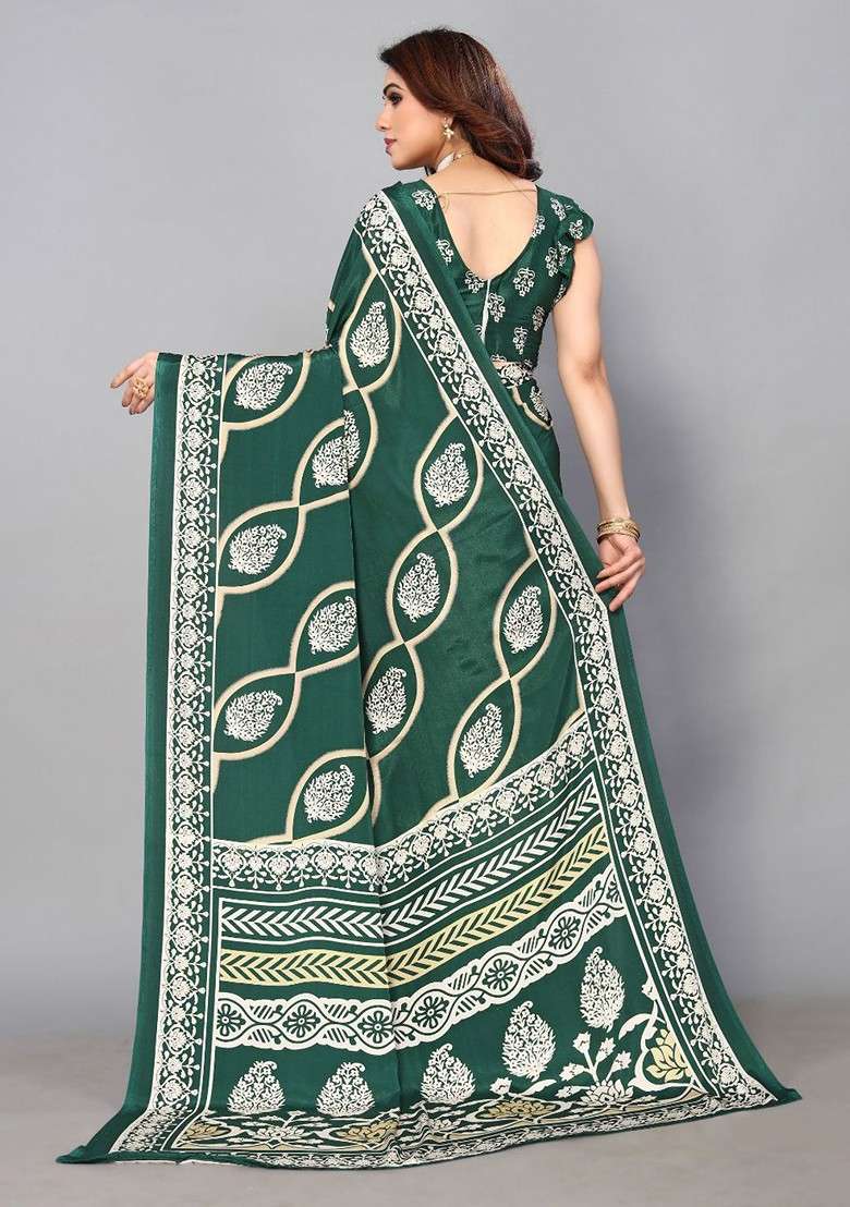 Green Floral Pure Crepe Saree Set - Indya