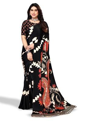 Black Floral Pure Crepe Saree Set