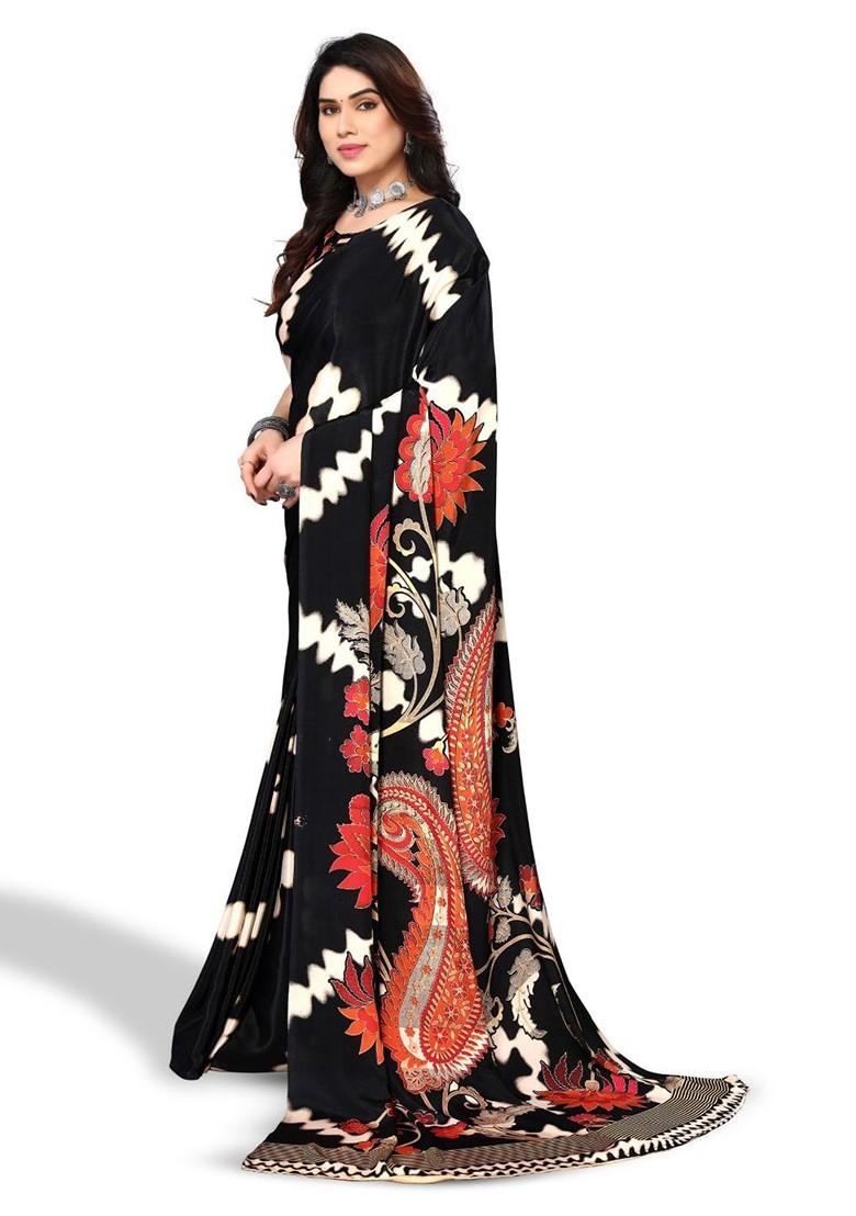 Black Floral Pure Crepe Saree Set - Indya
