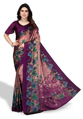 Purple Floral Print Poly Chiffon Saree Set