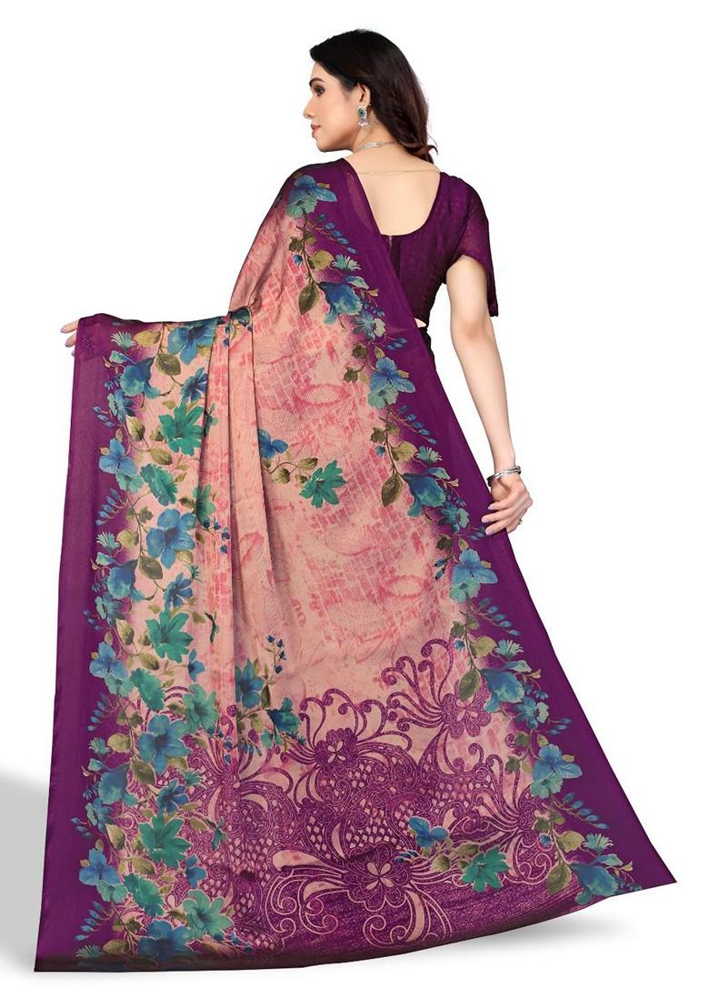 Purple Floral Print Poly Chiffon Saree Set
