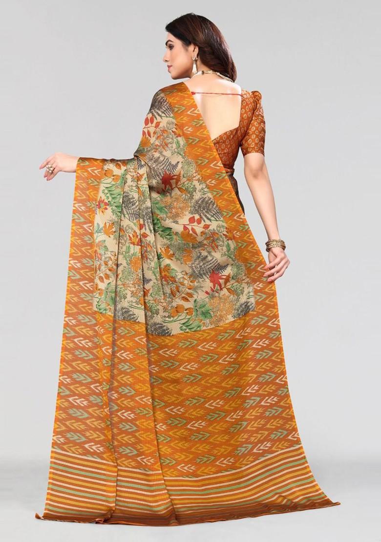 Mustard Floral Print Poly Chiffon Saree Set