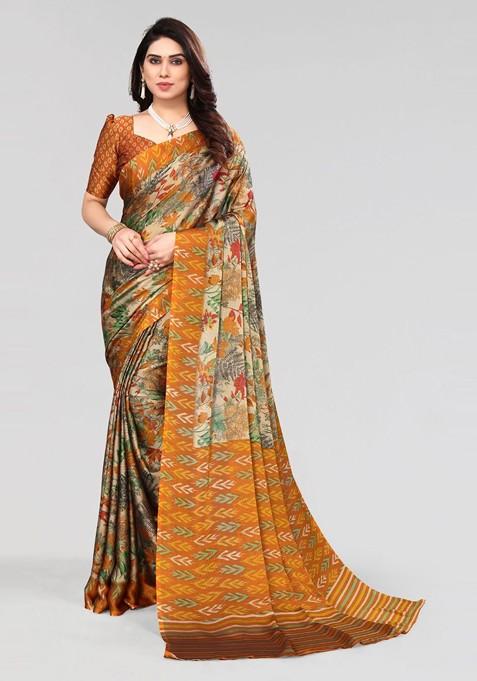 Mustard Floral Print Poly Chiffon Saree Set