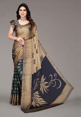 Navy Blue Floral Print Poly Chiffon Saree Set