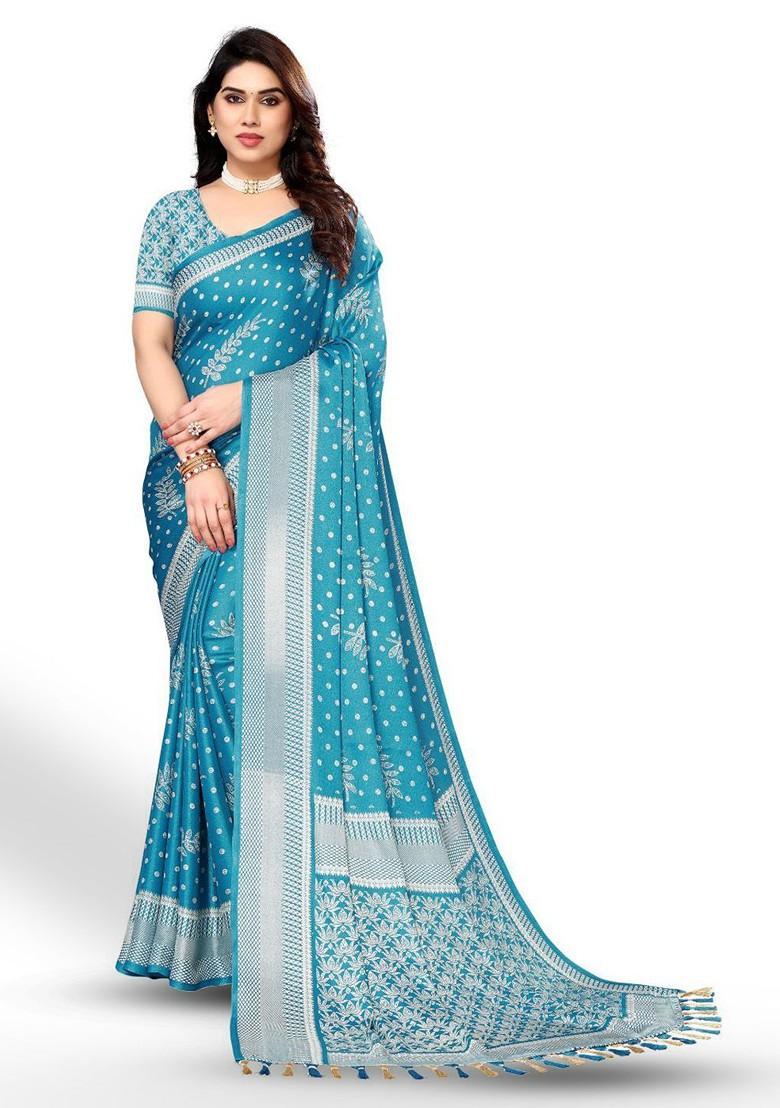Blue Floral Print Pure Chiffon Saree Set