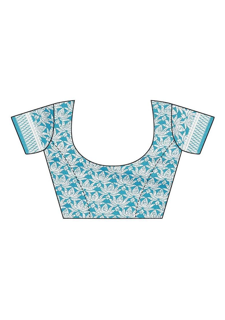 Blue Floral Print Pure Chiffon Saree Set