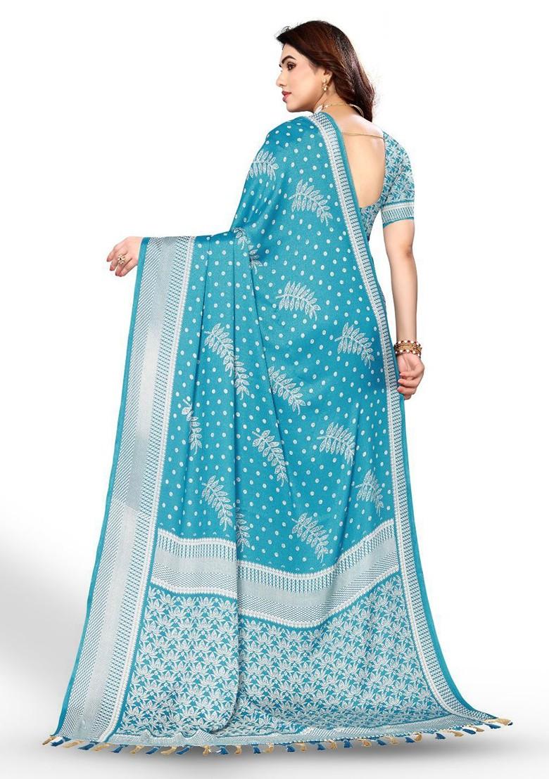 Blue Floral Print Pure Chiffon Saree Set