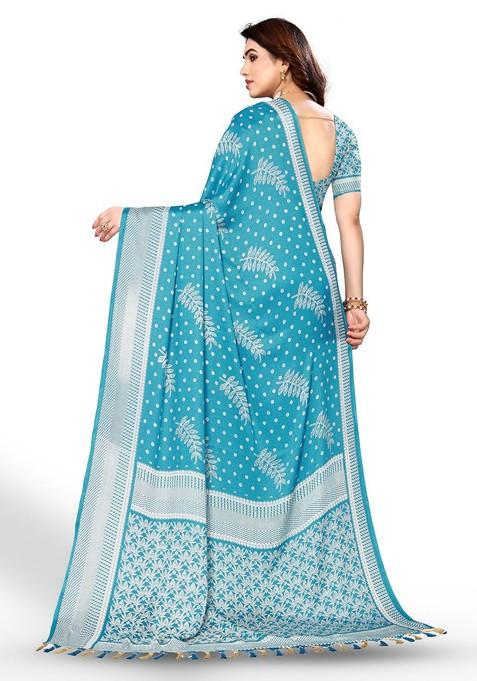 Blue Floral Print Pure Chiffon Saree Set
