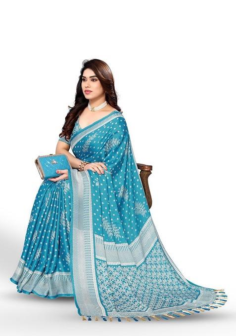Blue Floral Print Pure Chiffon Saree Set