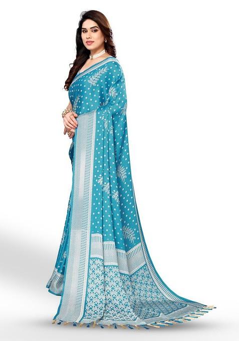 Blue Floral Print Pure Chiffon Saree Set
