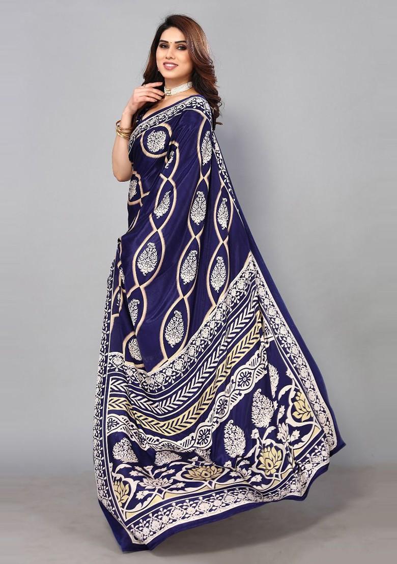 Blue Ethnic Motifs Printed Pure Crepe Saree Set