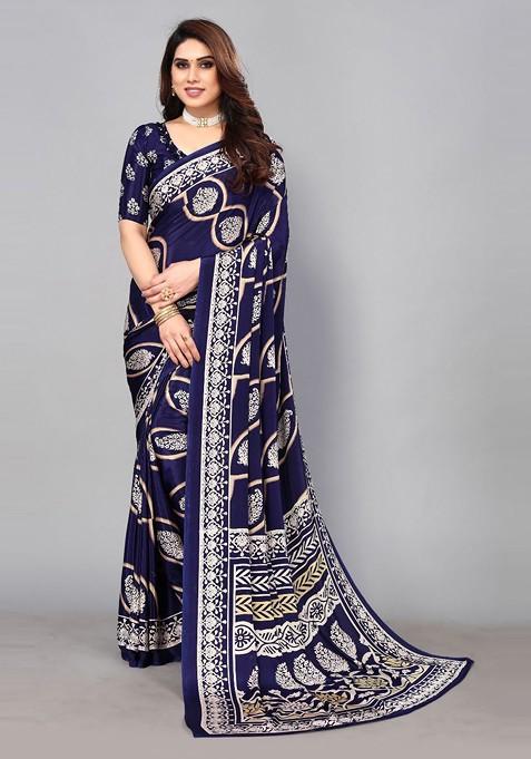 Blue Ethnic Motifs Printed Pure Crepe Saree Set