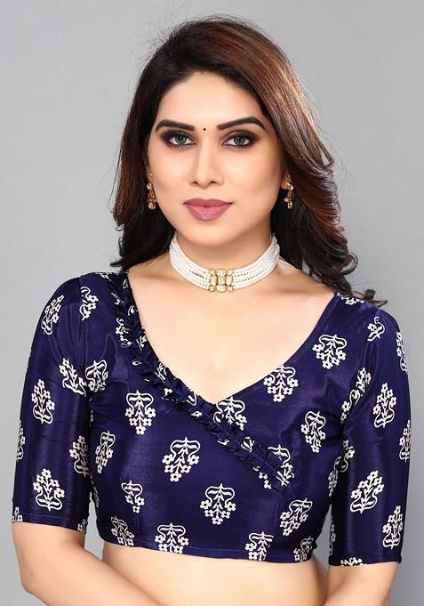 Blue Ethnic Motifs Printed Pure Crepe Saree Set