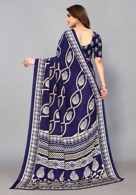 Blue Ethnic Motifs Printed Pure Crepe Saree Set