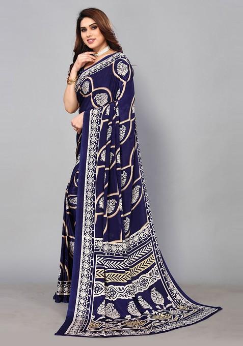 Blue Ethnic Motifs Printed Pure Crepe Saree Set