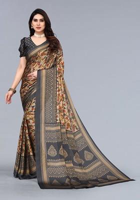 Navy Blue Ethnic Motifs Printed Poly Chiffon Saree Set