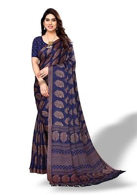 Navy Blue Floral Print Pure Chiffon Saree Set