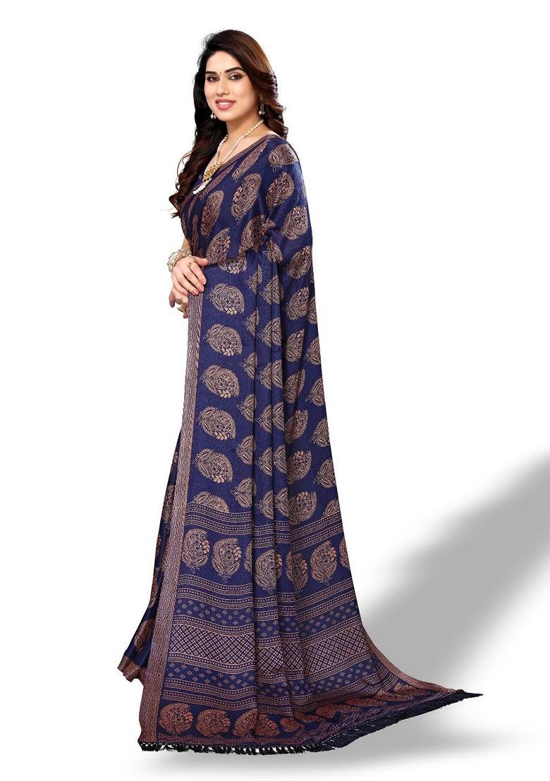 Navy Blue Floral Print Pure Chiffon Saree Set - Indya