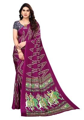 Purple Abstract Print Pure Crepe Saree Set