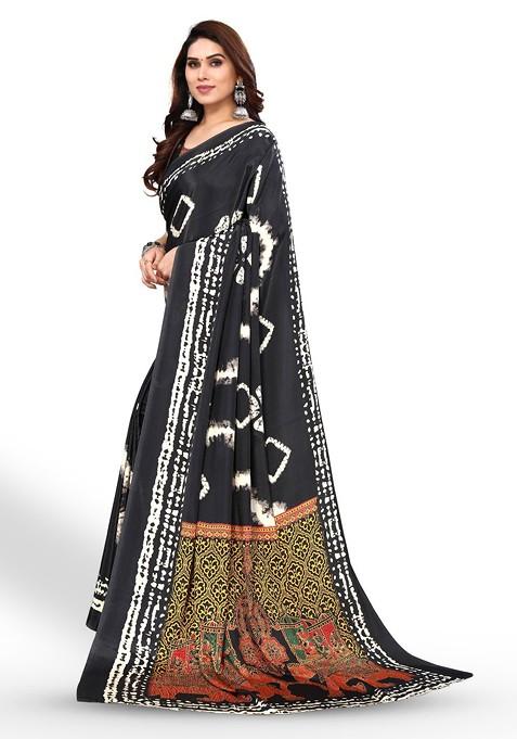 Black Tie And Dye Printed Pure Crepe Saree Set