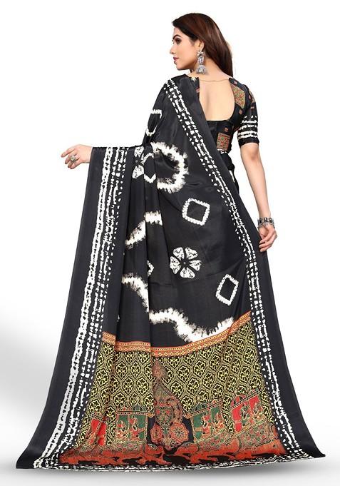 Black Tie And Dye Printed Pure Crepe Saree Set