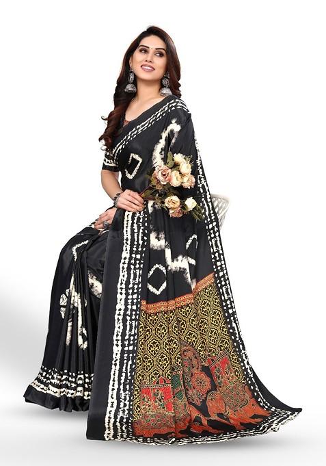 Black Tie And Dye Printed Pure Crepe Saree Set