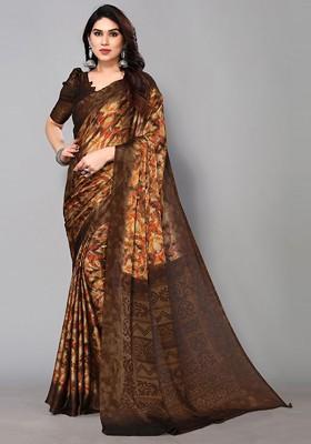 Brown Floral Print Poly Chiffon Saree Set