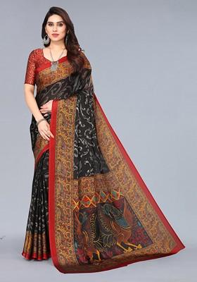 Black Ethnic Motifs Printed Poly Chiffon Saree Set
