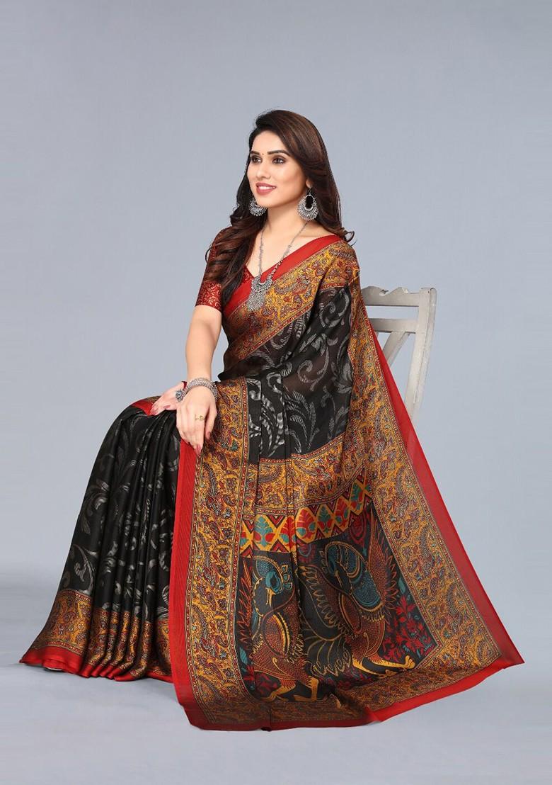 Black Ethnic Motifs Printed Poly Chiffon Saree Set