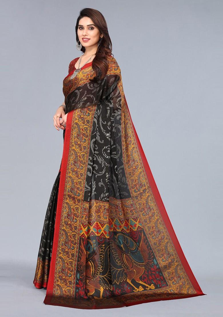 Black Ethnic Motifs Printed Poly Chiffon Saree Set