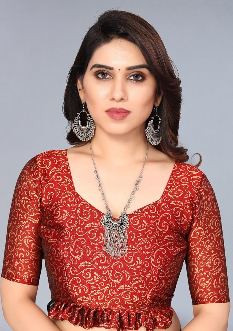 Black Ethnic Motifs Printed Poly Chiffon Saree Set