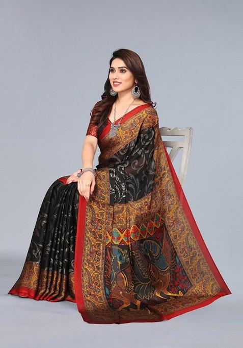 Black Ethnic Motifs Printed Poly Chiffon Saree Set