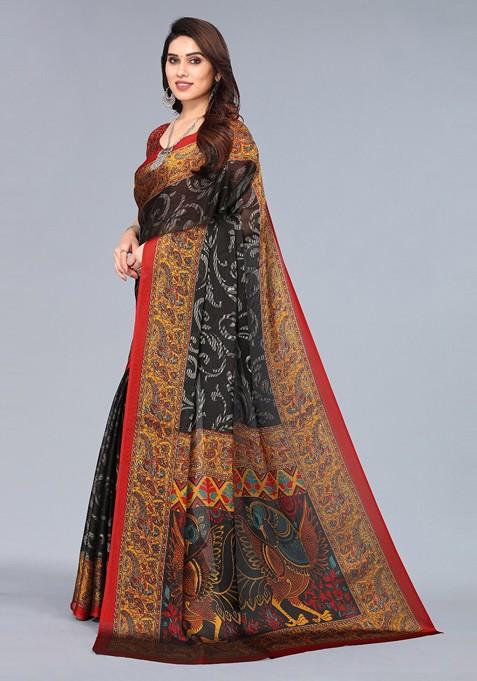 Black Ethnic Motifs Printed Poly Chiffon Saree Set