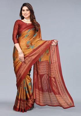Peach Floral Print Poly Chiffon Saree Set