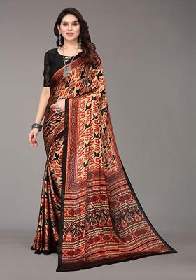 Black Floral Print Poly Chiffon Saree Set