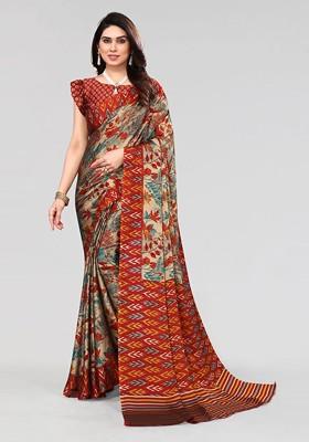 Maroon Floral Print Poly Chiffon Saree Set