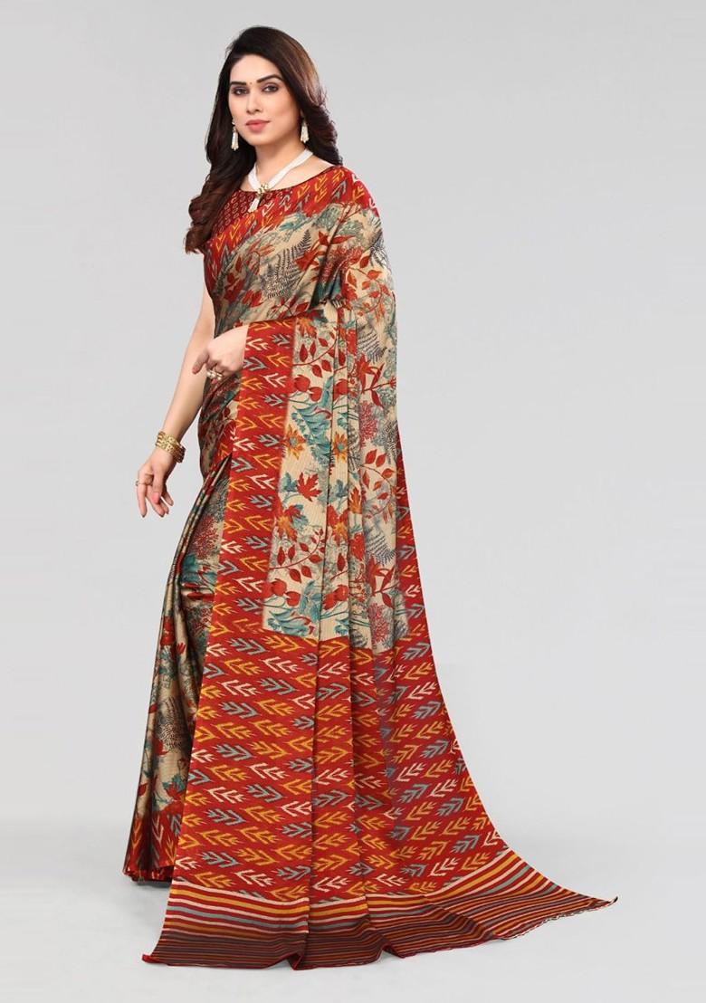 Maroon Floral Print Poly Chiffon Saree Set - Indya