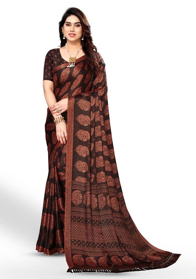 Coffee Brown Ethnic Motifs Printed Pure Chiffon Saree Set