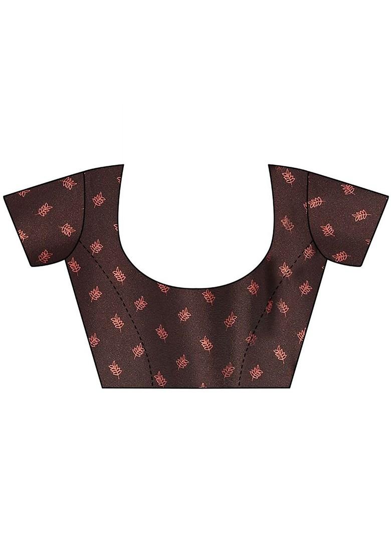 Coffee Brown Ethnic Motifs Printed Pure Chiffon Saree Set