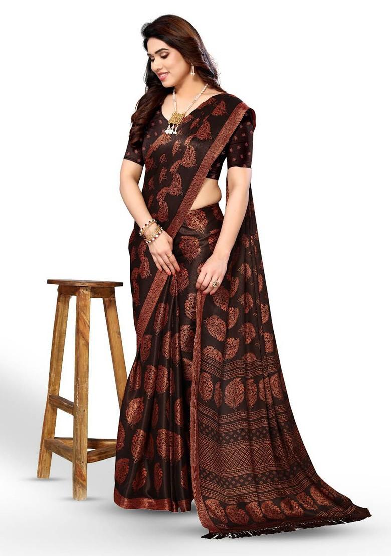 Coffee Brown Ethnic Motifs Printed Pure Chiffon Saree Set