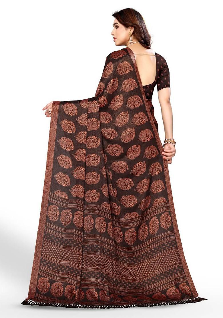 Coffee Brown Ethnic Motifs Printed Pure Chiffon Saree Set