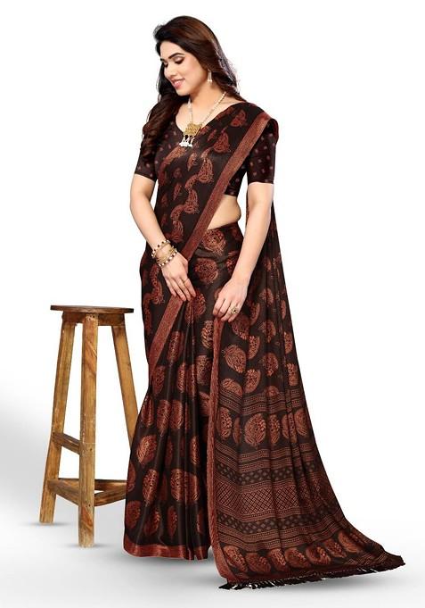 Coffee Brown Ethnic Motifs Printed Pure Chiffon Saree Set