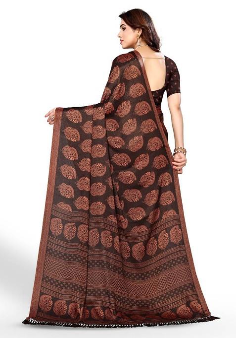 Coffee Brown Ethnic Motifs Printed Pure Chiffon Saree Set