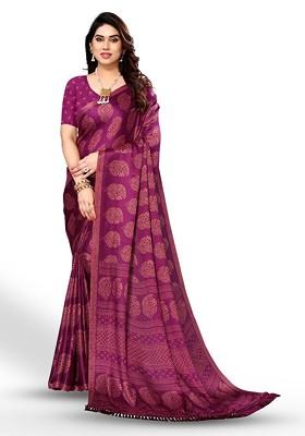 Purple Ethnic Motifs Printed Pure Chiffon Saree Set