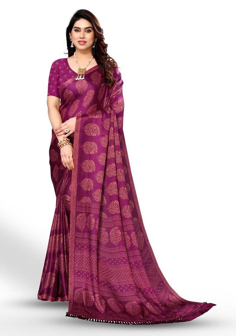 Purple Ethnic Motifs Printed Pure Chiffon Saree Set