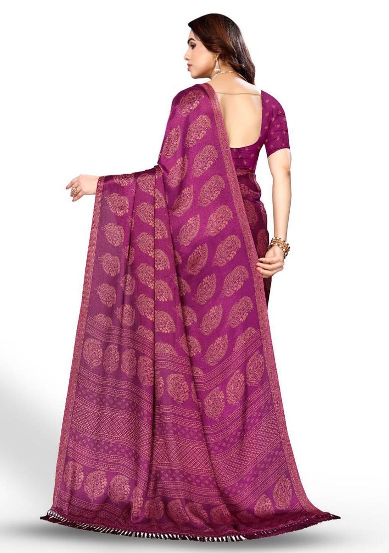 Purple Ethnic Motifs Printed Pure Chiffon Saree Set