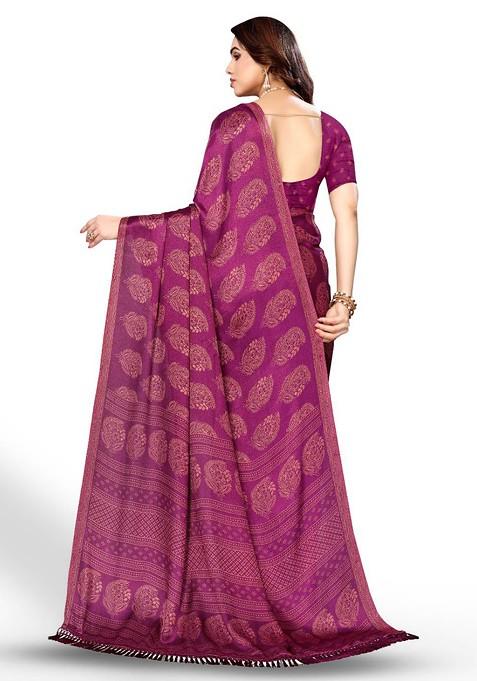 Purple Ethnic Motifs Printed Pure Chiffon Saree Set