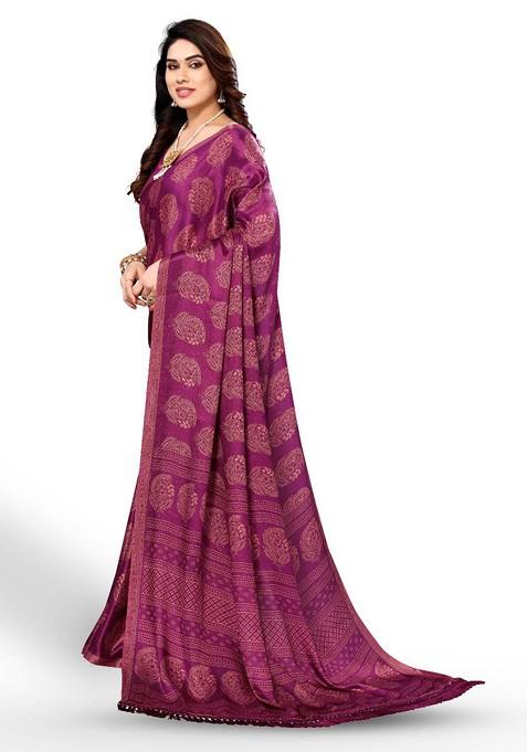 Purple Ethnic Motifs Printed Pure Chiffon Saree Set