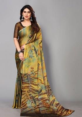 Green Abstract Print Poly Chiffon Saree Set